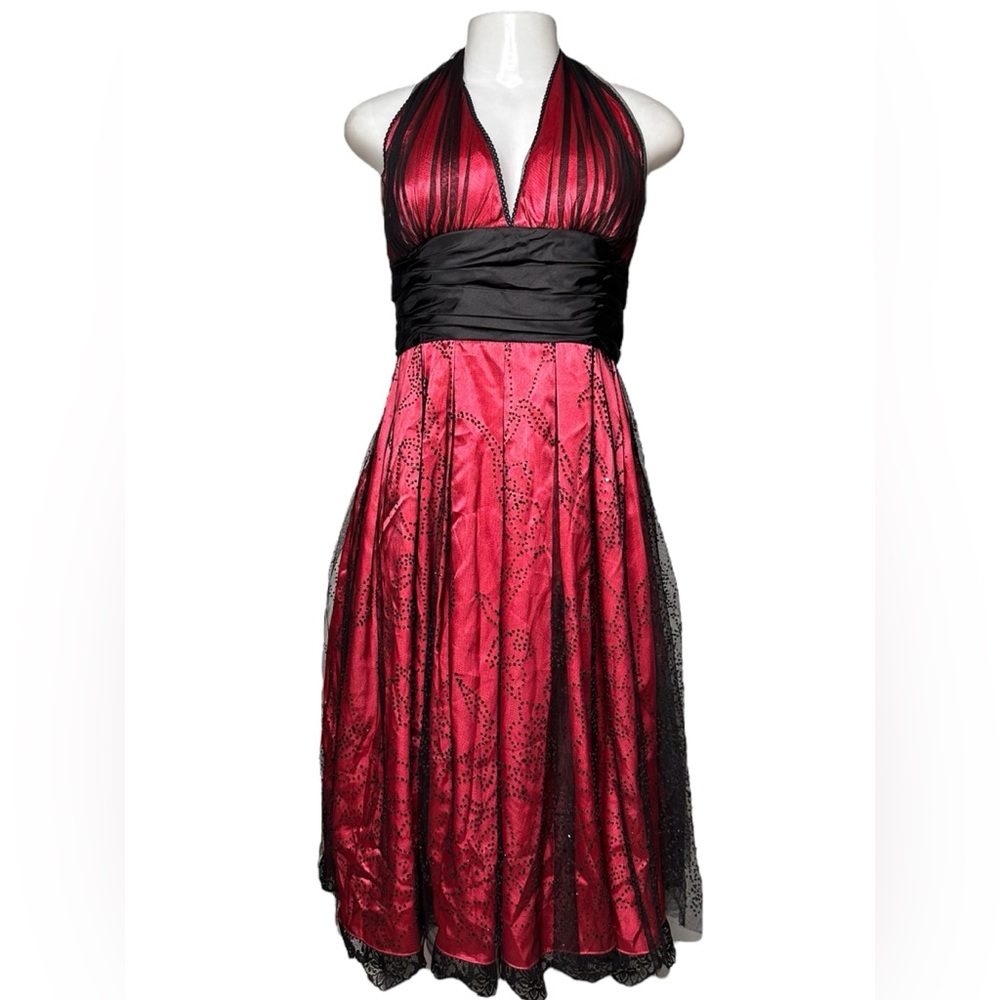 Adrianna Papell Boutique Y2K Satin & Lace Halter Dress – Red & Black